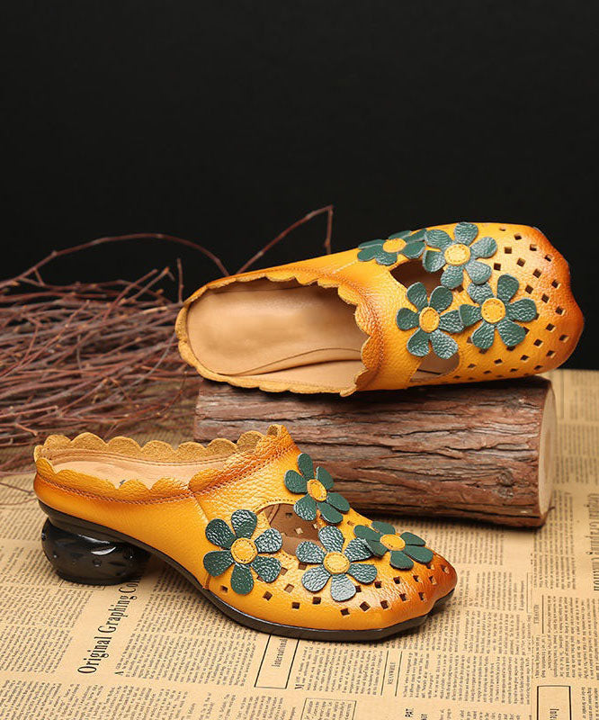 Fashion Hollow Out Floral Yellow Cowhide Leather Slide Sandals