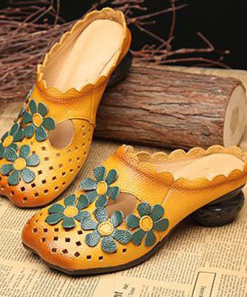 Fashion Hollow Out Floral Yellow Cowhide Leather Slide Sandals