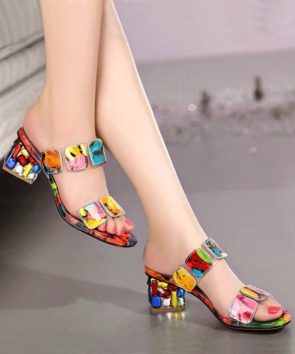 Fashion Multi Color Splicing Chunky Heel Peep Toe Slide Sandals