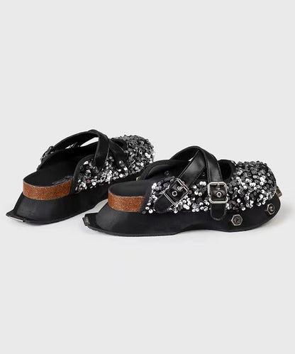 Fashion Platform Slide Sandals Black Cowhide Leather Sequins