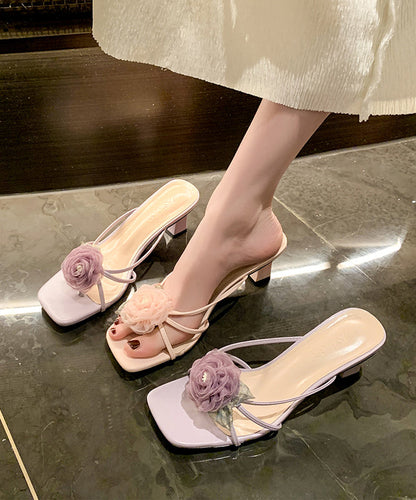 Fashion Splicing Floral Chunky Heel Purple Slide Sandals