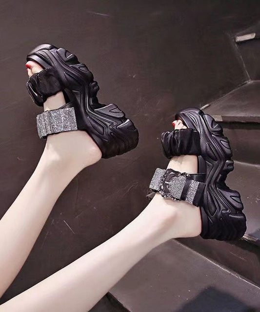 Fine Splicing Platform Slide Sandals Black Zircon Buckle Strap