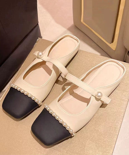 French Apricot Square Toe Nail Bead Flats Slide Sandals