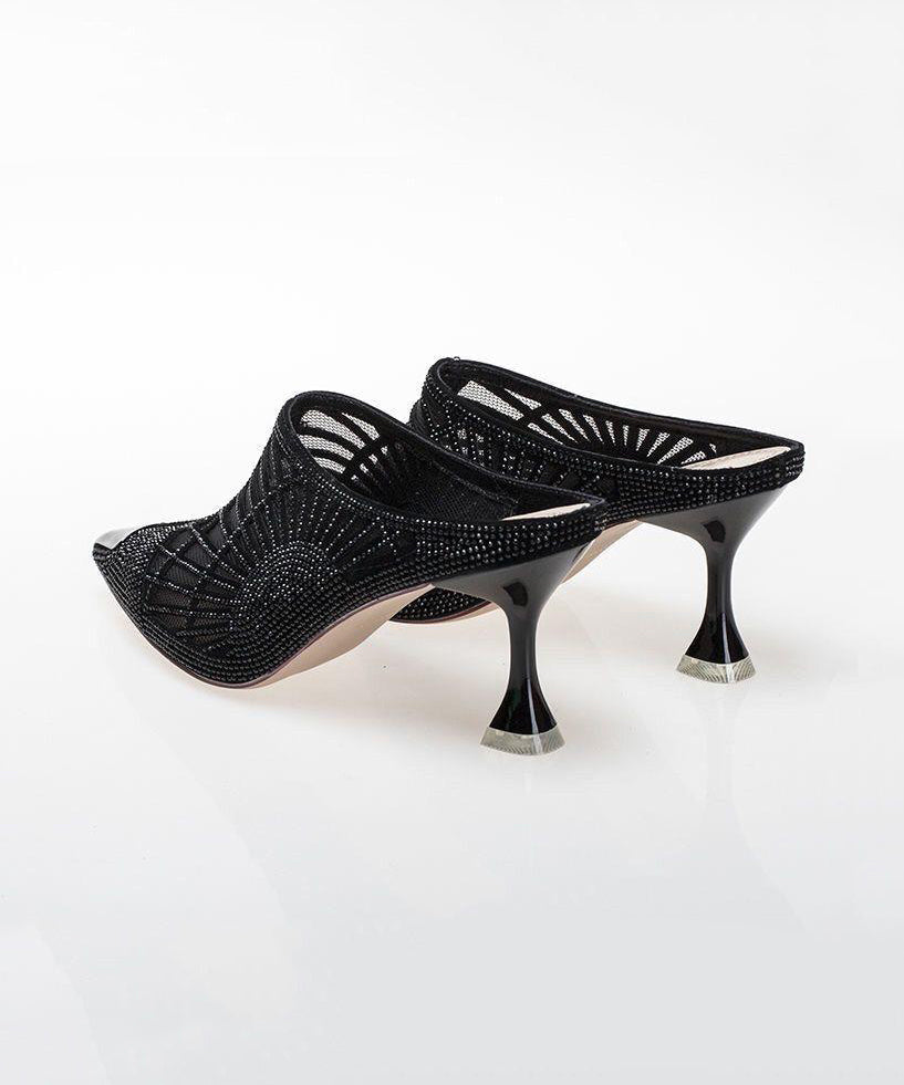 French Black Mesh Pointed Toe Zircon High Heels Slide Sandals