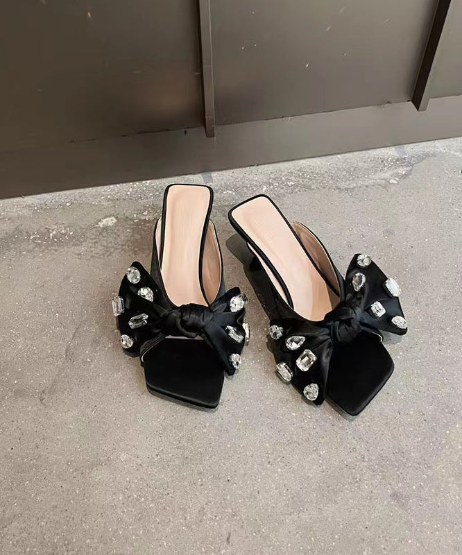 French Bow Zircon Splicing Chunky Heel Black Slide Sandals