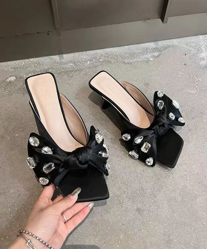 French Bow Zircon Splicing Chunky Heel Black Slide Sandals