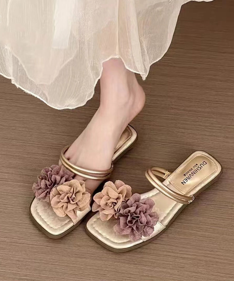 Bequeme Slide-Sandalen mit französischer Goldblume, Sommer 2024