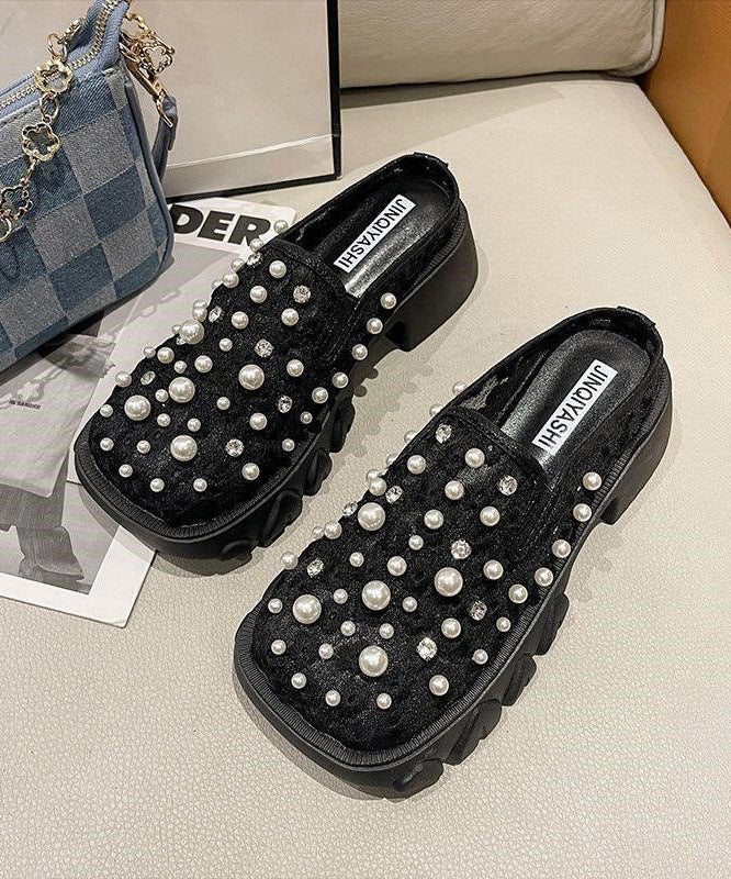 French Platform Slide Sandals Nail Bead Black Breathable Mesh