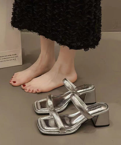 French Silver Chunky Heel Slide Sandals Peep Toe