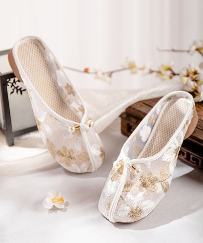 Gold Chunky Slide Sandals Tulle Comfy Splicing Hollow Out Embroidered