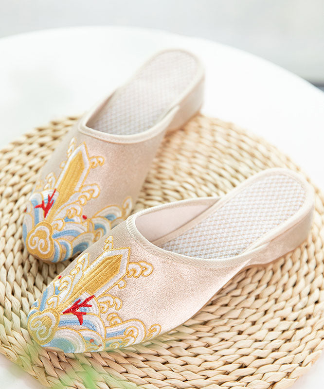 Gold Satin Slide Sandals Splicing Pointed Toe Embroidered Women