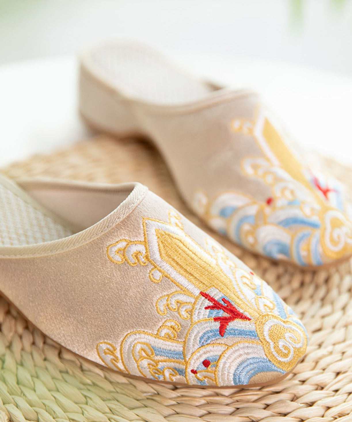 Gold Satin Slide Sandals Splicing Pointed Toe Embroidered Women