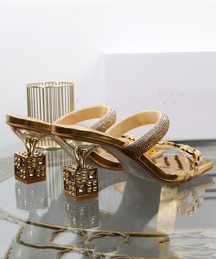 Gold Zircon Splicing Chunky Heel Slide Sandals Peep Toe