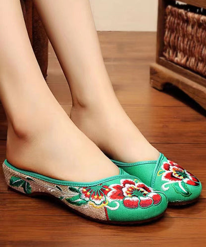 Green Cotton Fabric Retro Embroidery Splicing Slide Sandals