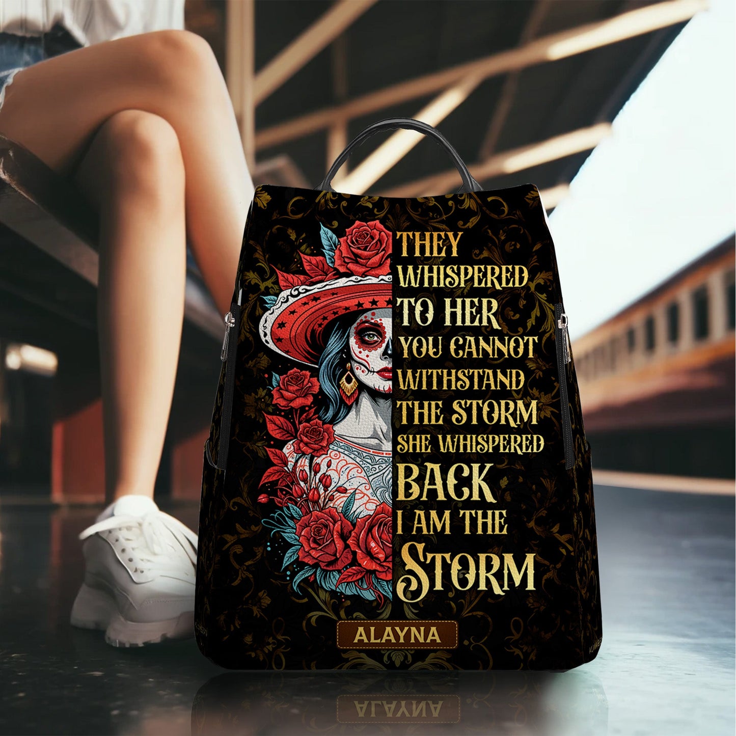 They Whispered To Her You Cannot Withstand The Storm She Whispered Back I Am The Storm - Personalized Custom Leather Backpack - HS047_BP