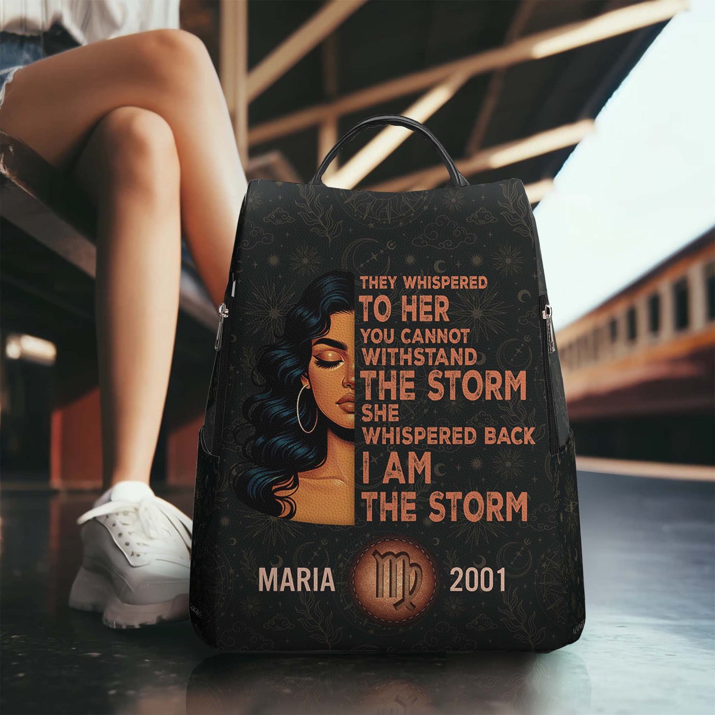 They Whispered To Her You Cannot Withstand The Storm She Whispered Back I Am The Storm - Personalized Custom Leather Backpack - HS049_BP