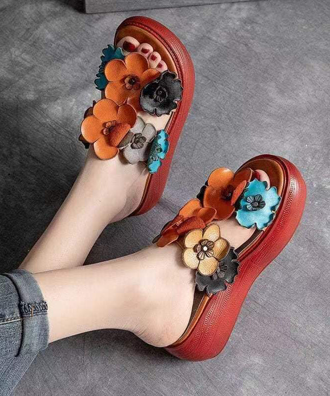 Handmade Orange Floral Platform Cowhide Leather Slide Sandals