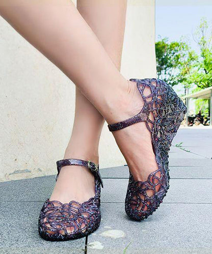 New Black Crystal Hollowed Out Wedge Heel Sandals