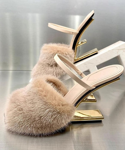 Novelty Sexy Apricot Mink Hair Slide Sandals Alien Heel