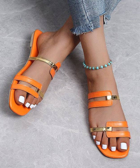 Orange Faux Leather Peep Toe Splicing Flats Slide Sandals