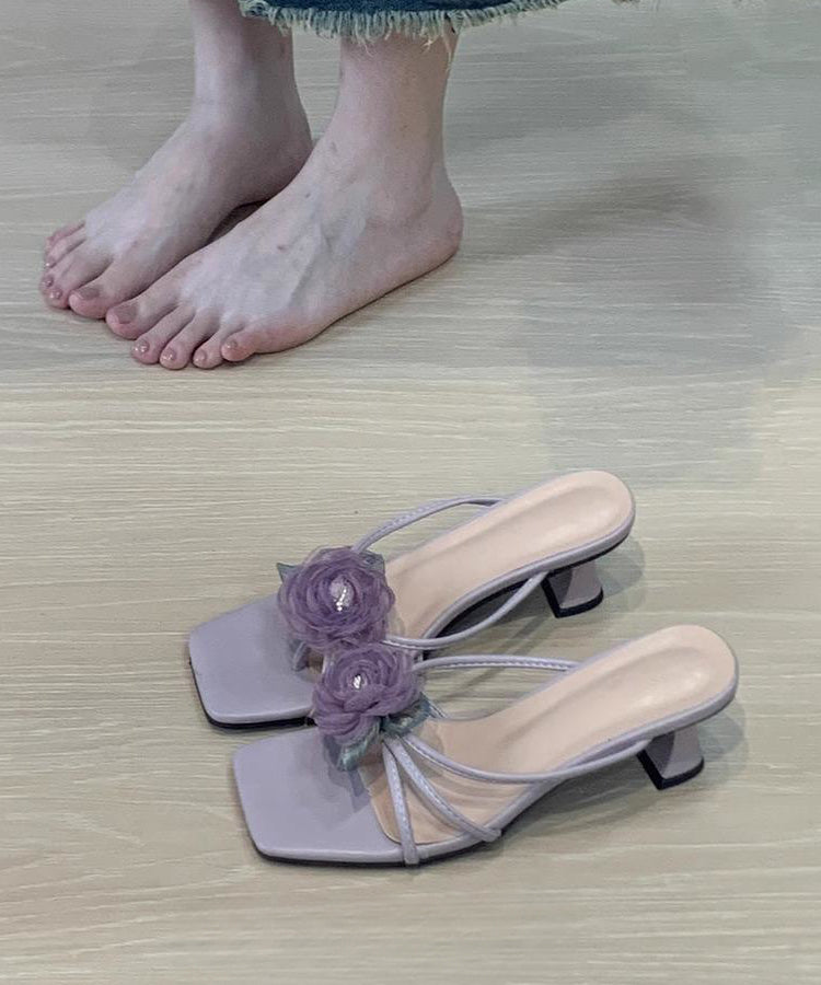 Purple Floral Stylish Splicing Chunky Heel Slide Sandals