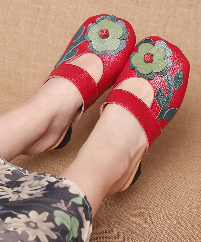 Red Chunky Cowhide Leather Unique Floral Splicing Slide Sandals