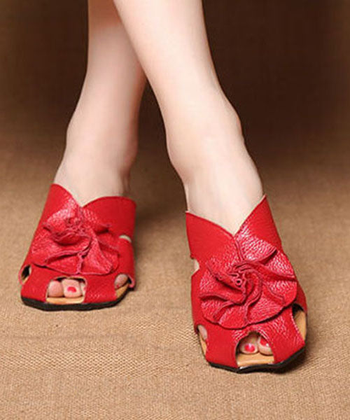 Red Cowhide Leather Floral Splicing Chunky Slide Sandals