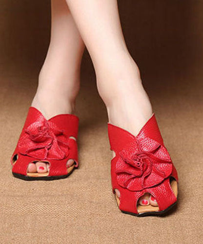 Red Cowhide Leather Floral Splicing Chunky Slide Sandals