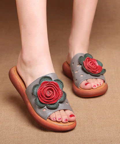 Red Hollow Out Splicing Cowhide Leather Peep Toe Slide Sandals