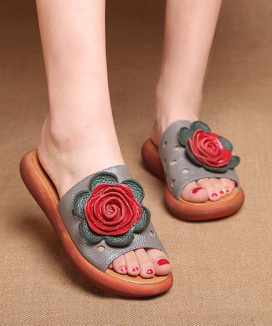 Red Hollow Out Splicing Cowhide Leather Peep Toe Slide Sandals