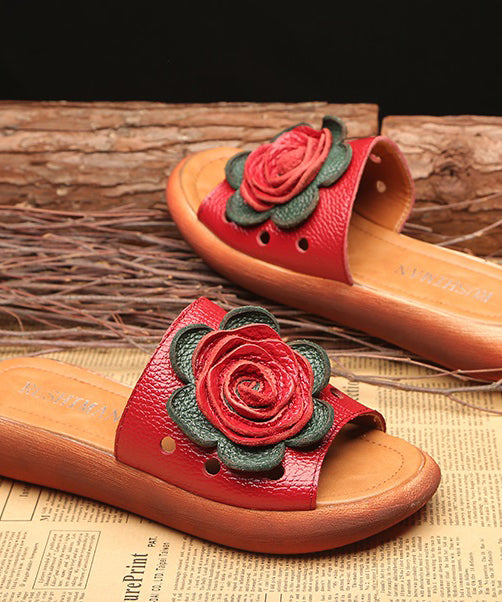 Red Hollow Out Splicing Cowhide Leather Peep Toe Slide Sandals