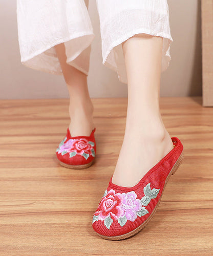 Red Slide Sandals Floral Embroidered Linen Fabric Slides For Women