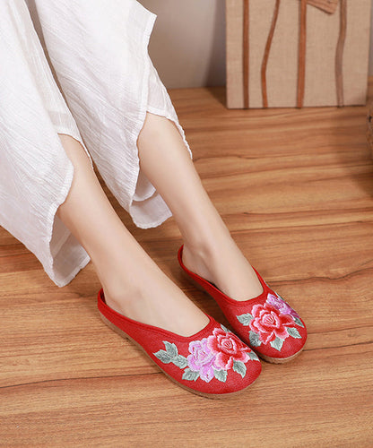 Red Slide Sandals Floral Embroidered Linen Fabric Slides For Women