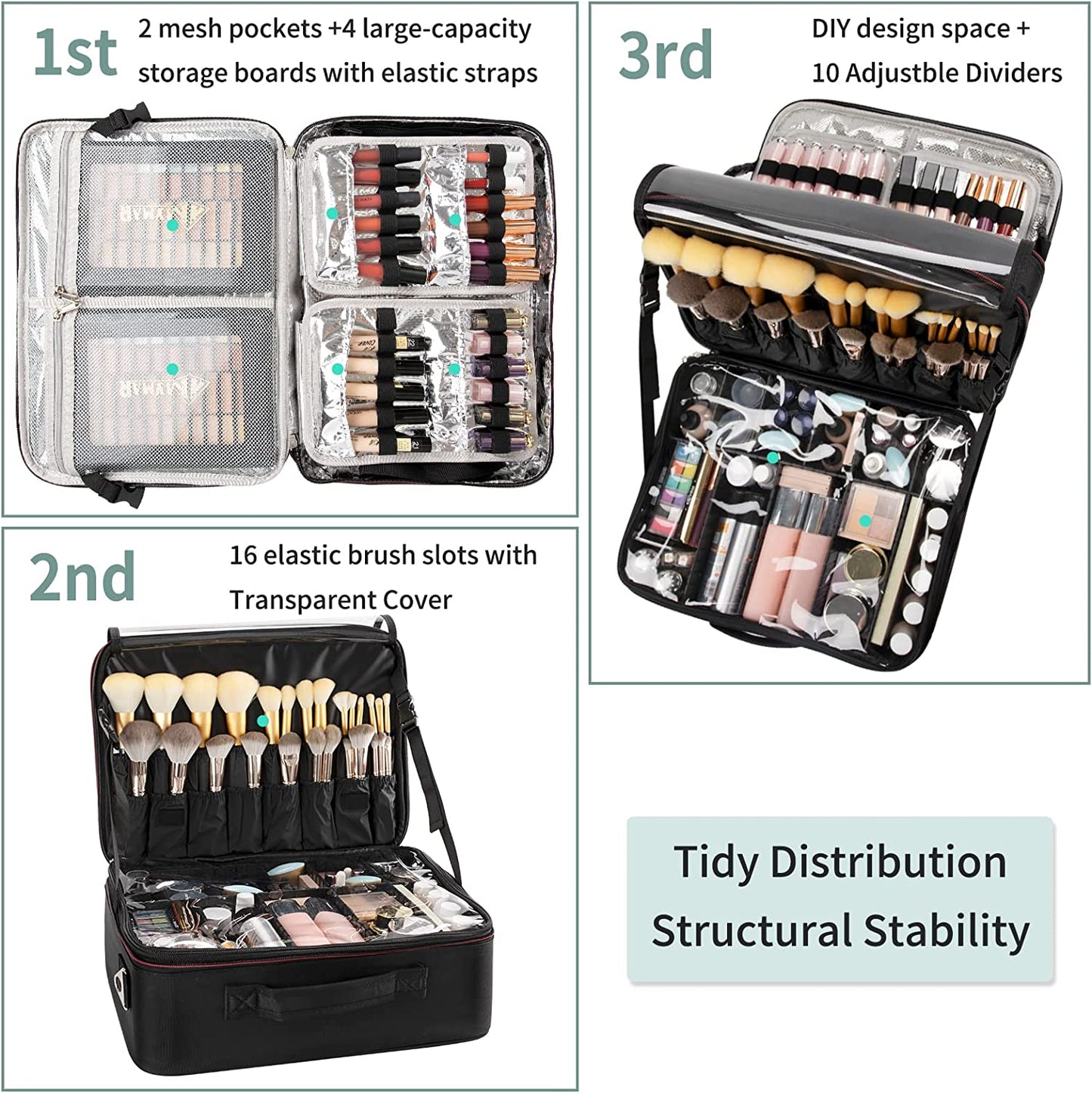 Black Extra Large Makeup Case with Washable Plastic Divider and Heat Insulation Layer