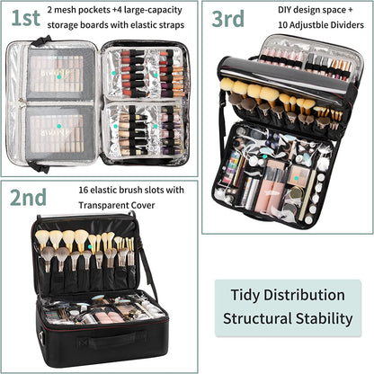 Black Extra Large Makeup Case with Washable Plastic Divider and Heat Insulation Layer