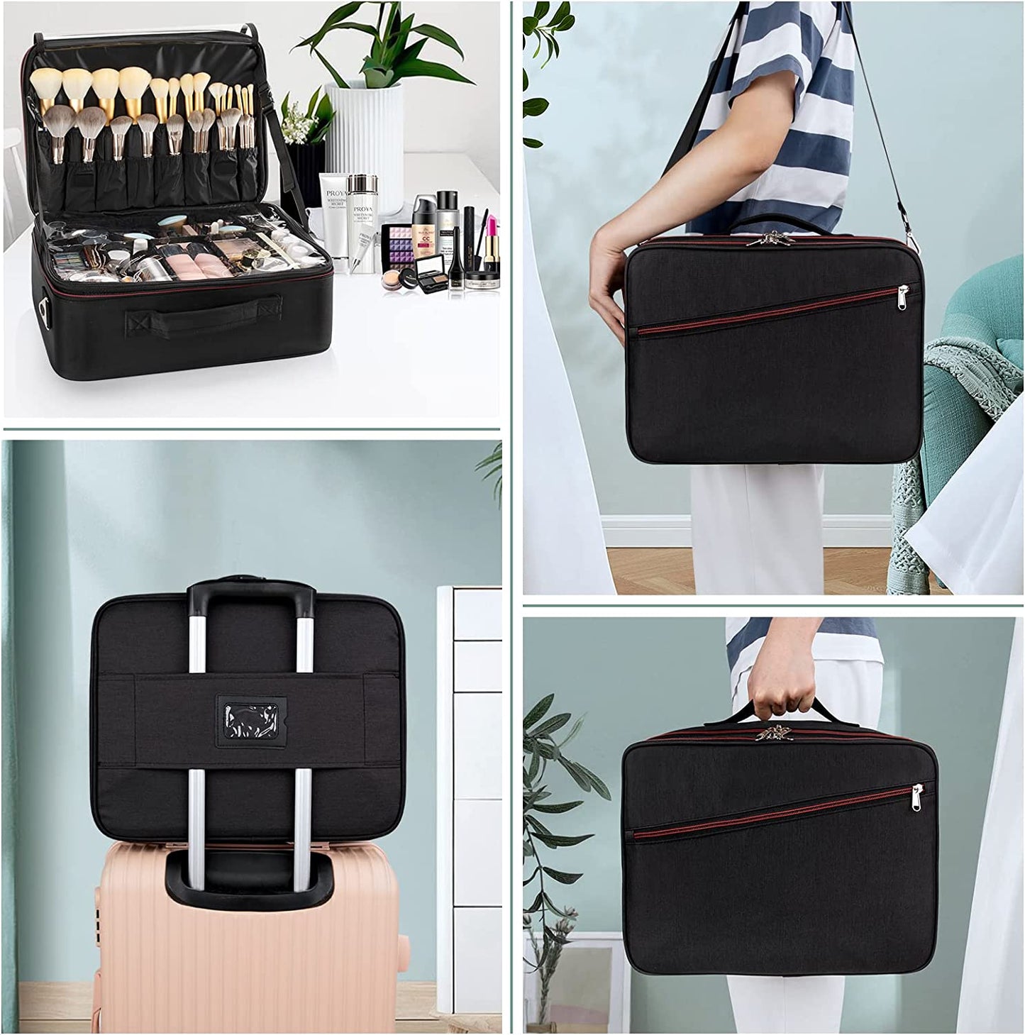 Black Extra Large Makeup Case with Washable Plastic Divider and Heat Insulation Layer