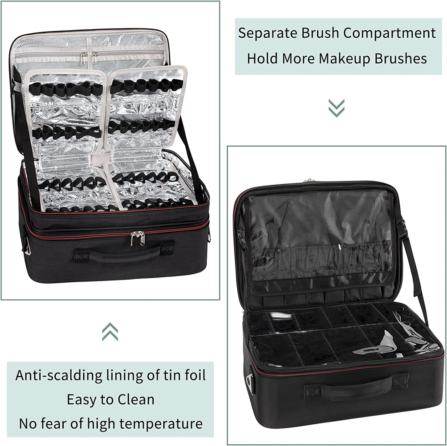 Black Extra Large Makeup Case with Washable Plastic Divider and Heat Insulation Layer