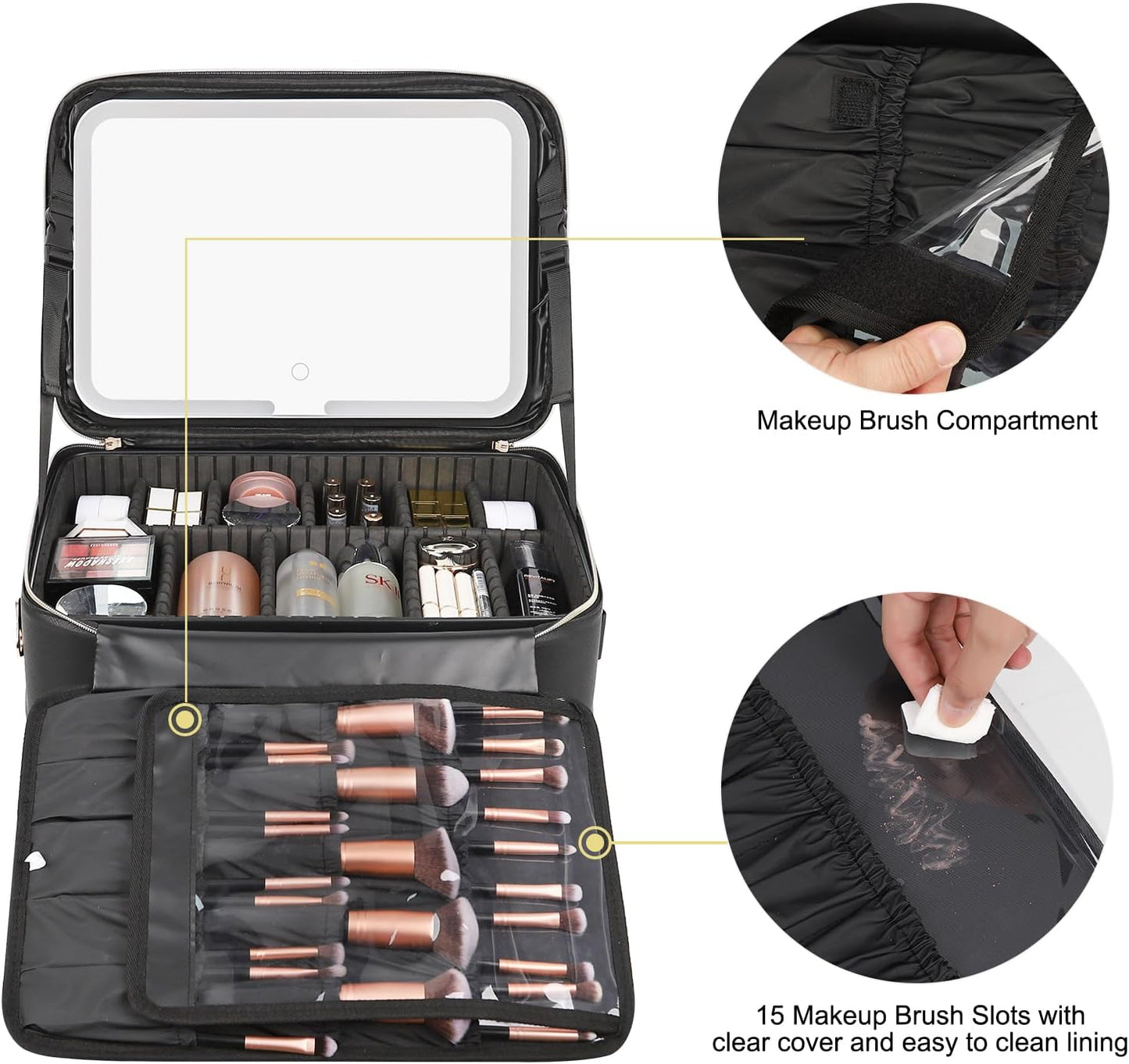 Relavel Black Large Makeup Case with LED Mirror