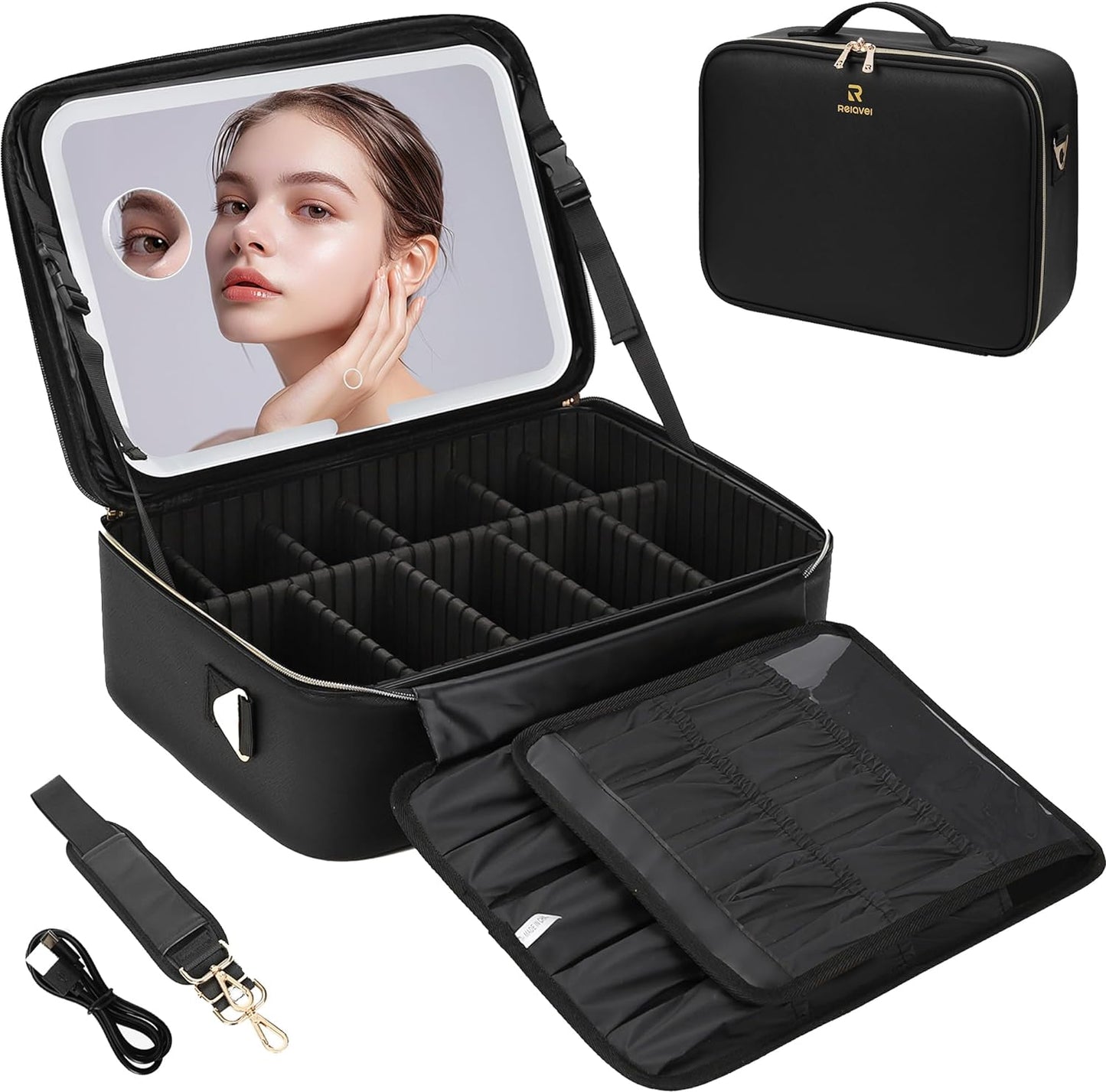 Relavel Black Large Makeup Case with LED Mirror