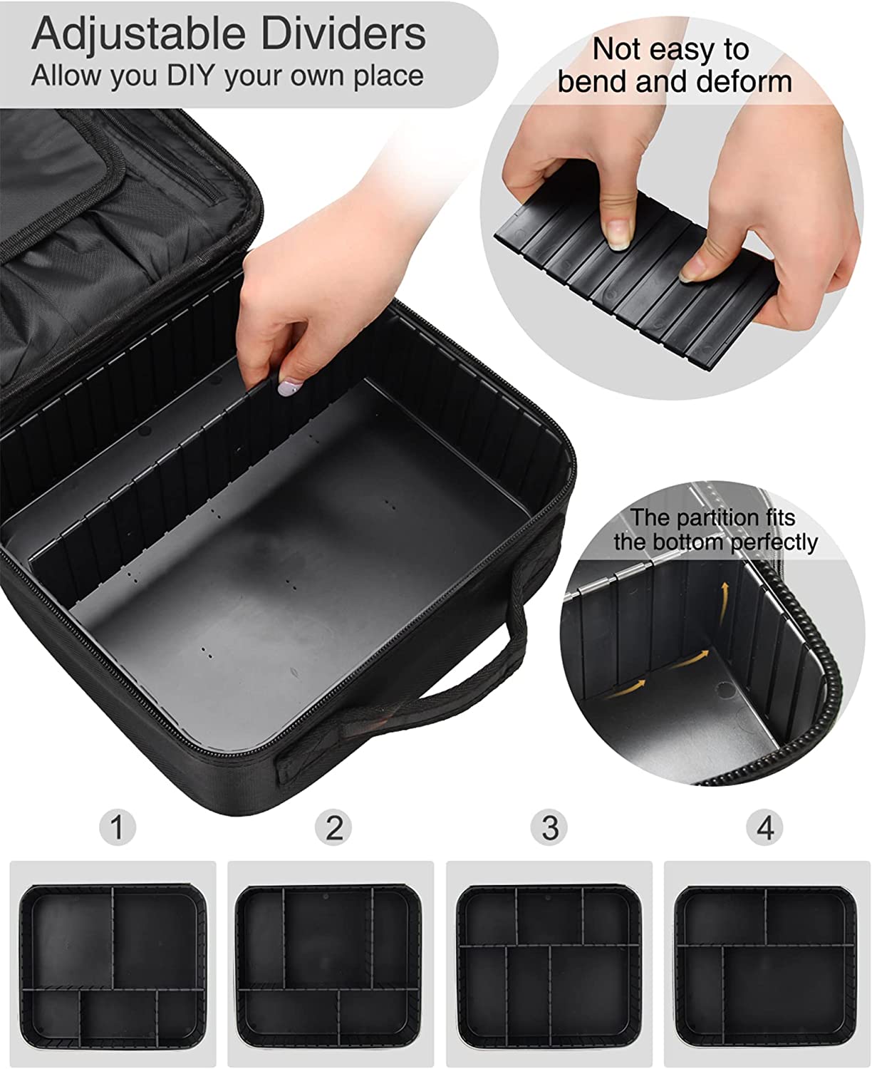 Black small makeup case with Plastic Adjustable Dividers