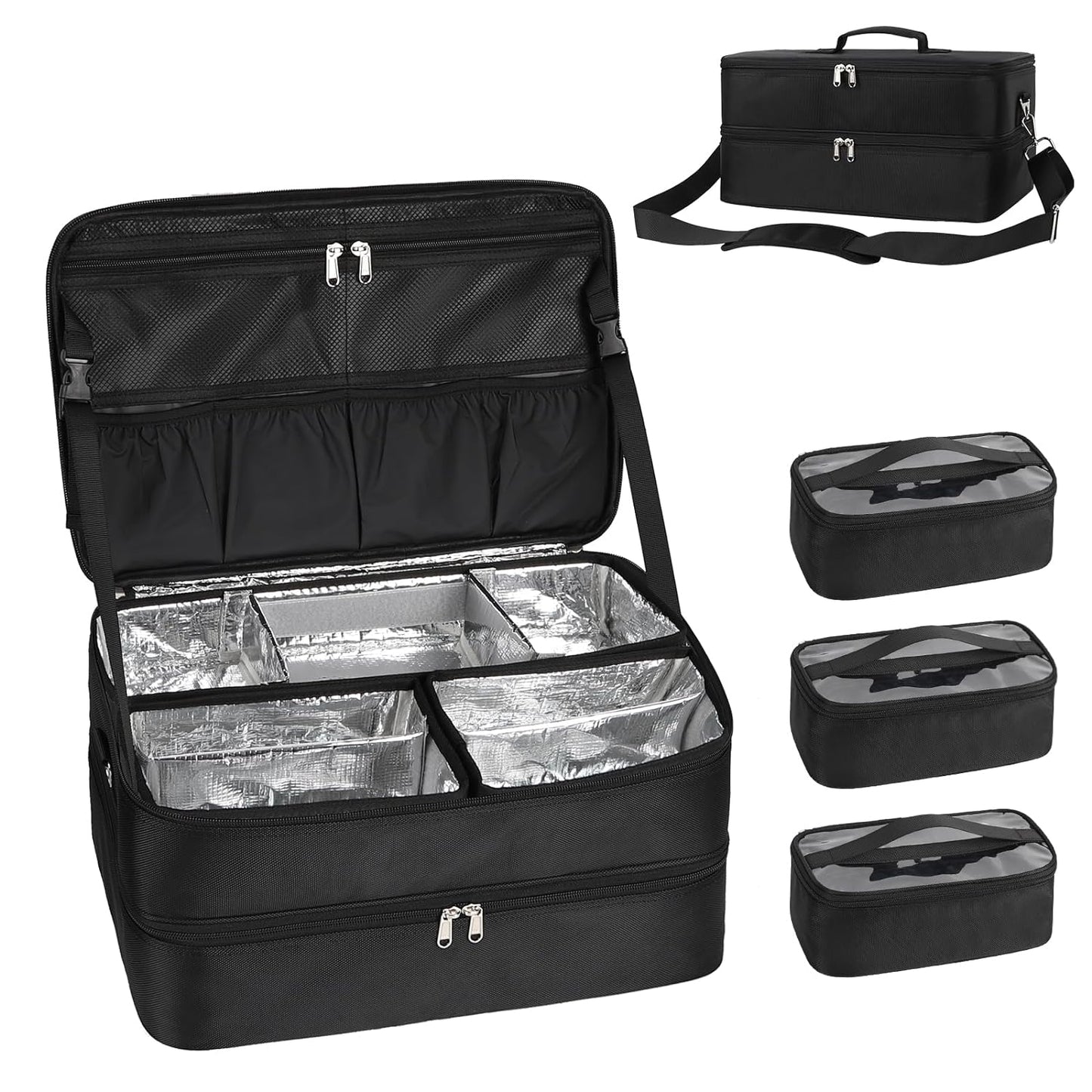 Double Layer Extra Large Makeup Case with 3 Detachable compartments and 3 Makeup Bags