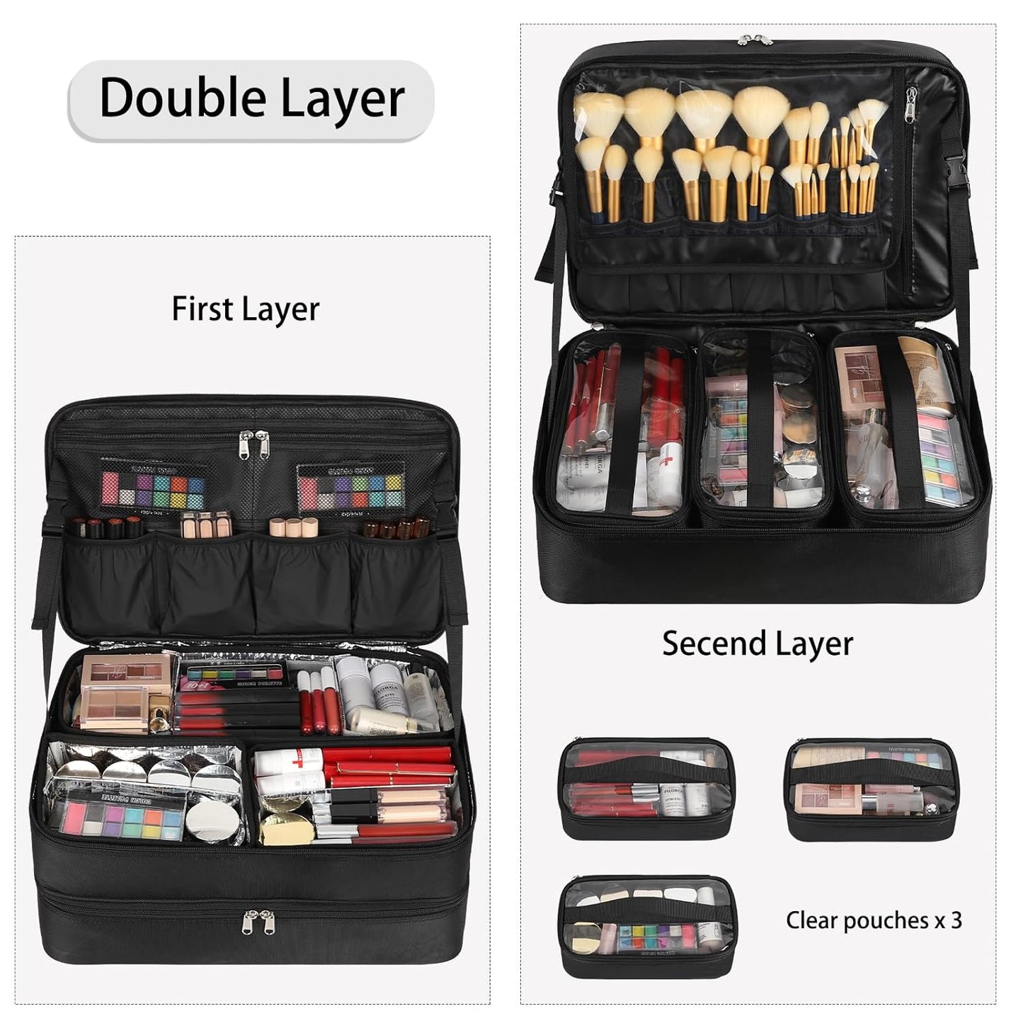 Double Layer Extra Large Makeup Case with 3 Detachable compartments and 3 Makeup Bags