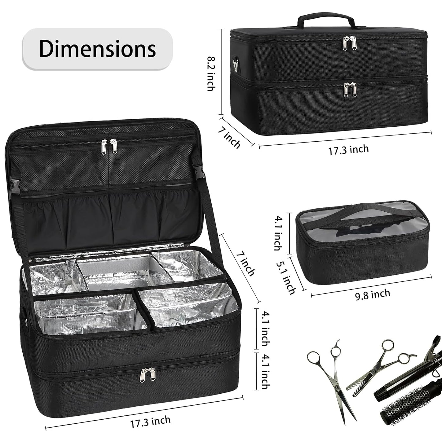 Double Layer Extra Large Makeup Case with 3 Detachable compartments and 3 Makeup Bags