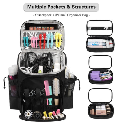 Large Capacity Hairdresser Bag with 3 Clear Makeup Bags