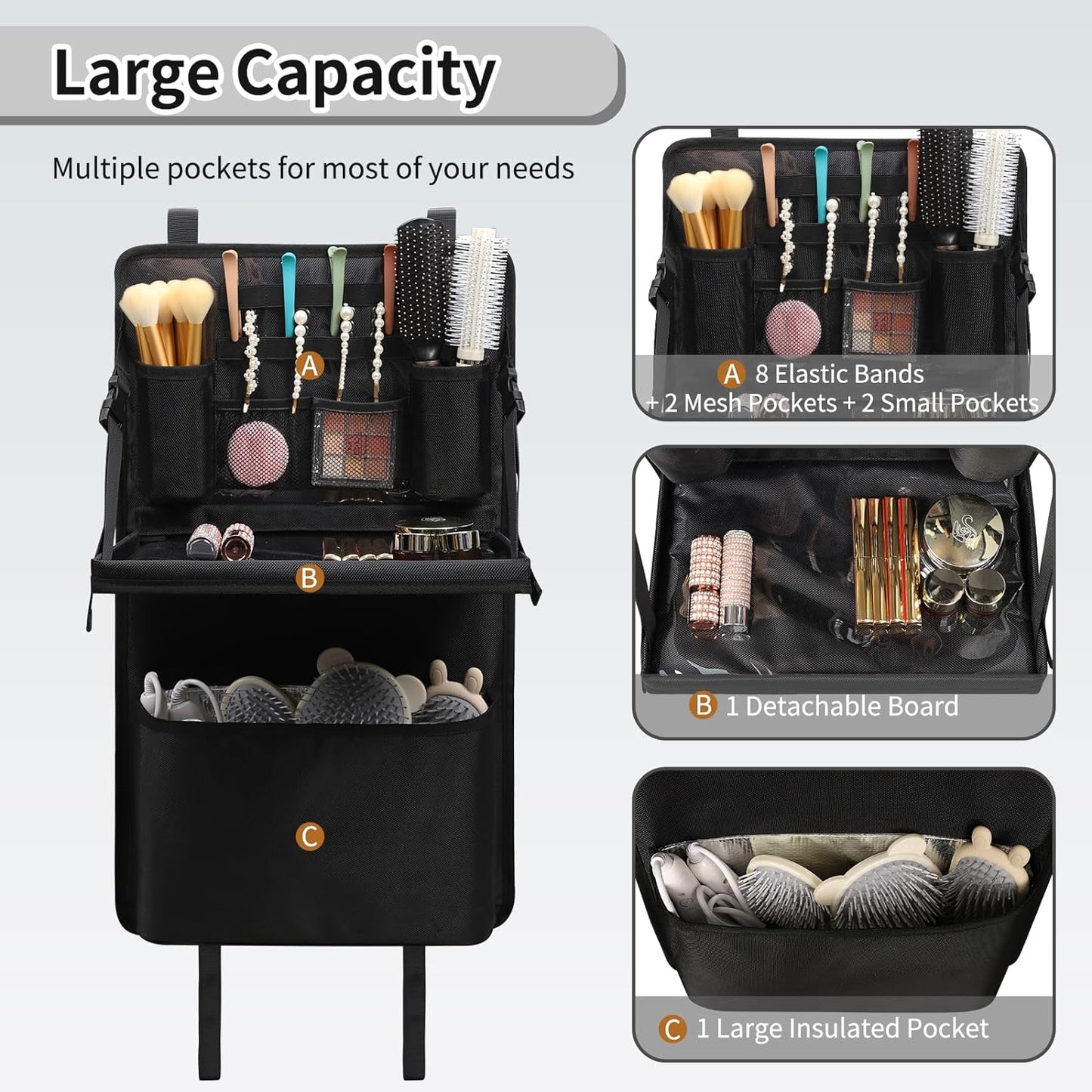 Large Capacity Side Hanging Storage Bag for Makeup Chair with Waterproof Detachable Board