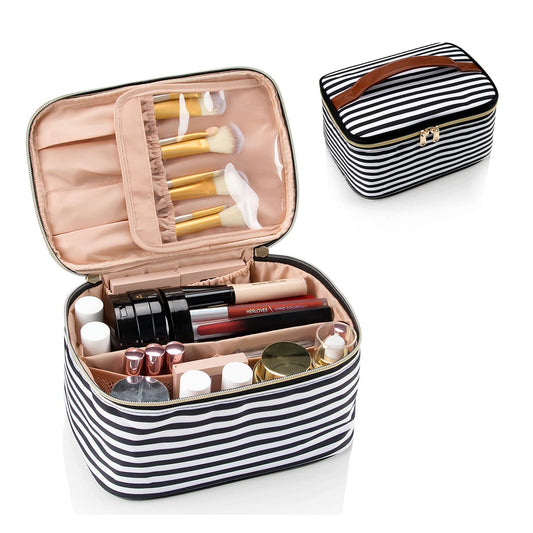 Large Portable Makeup Bag with Toiletries Brushes Slots and Divider-Large Black/White Stripes