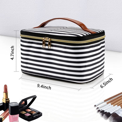 Large Portable Makeup Bag with Toiletries Brushes Slots and Divider-Large Black/White Stripes