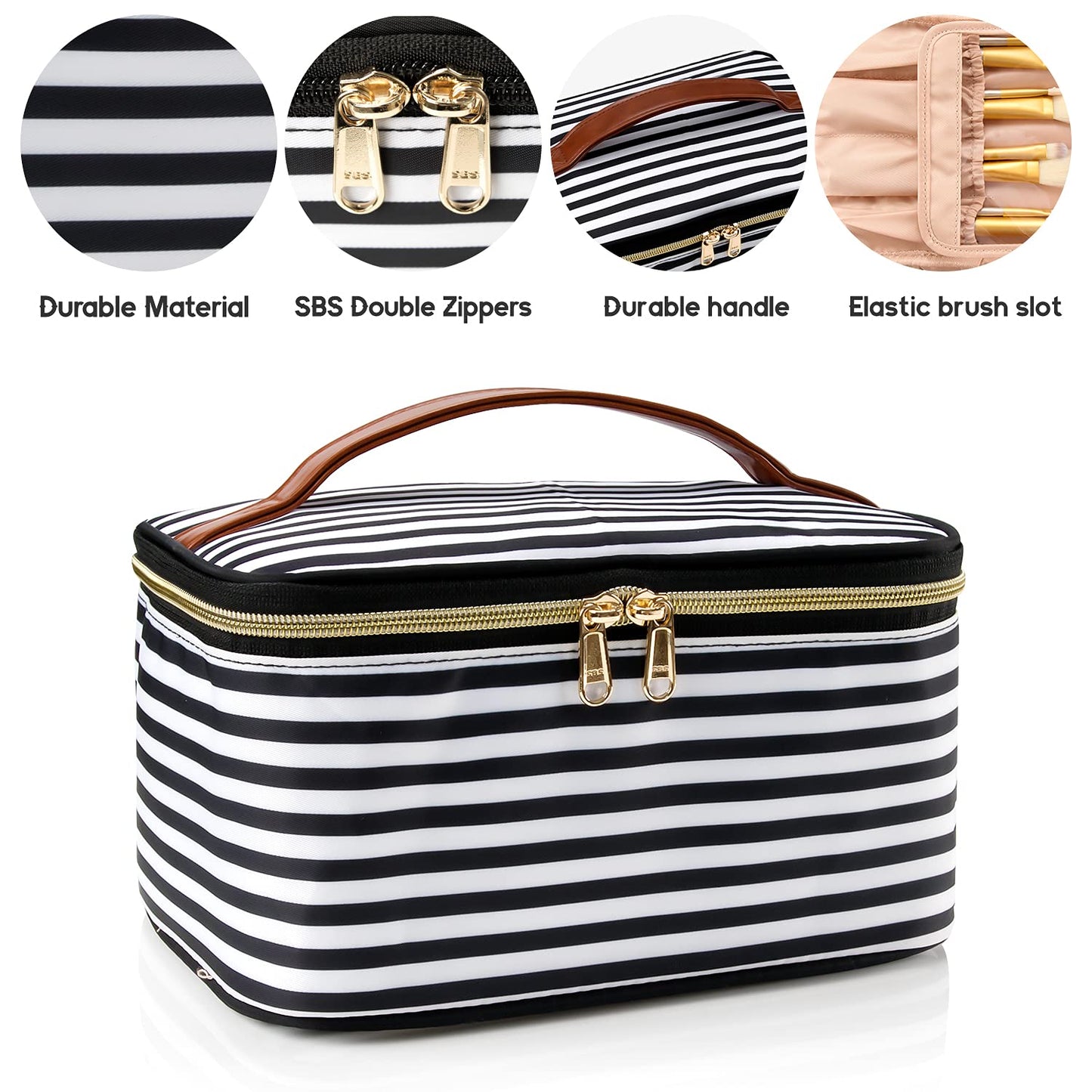 Large Portable Makeup Bag with Toiletries Brushes Slots and Divider-Large Black/White Stripes