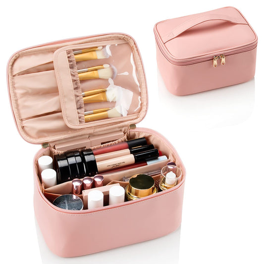 Large Portable Makeup Bag with Toiletries Brushes Slots and Divider-Pink