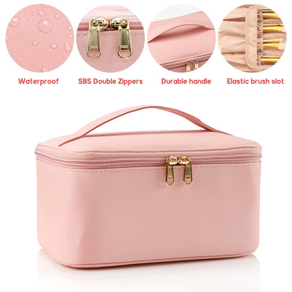 Large Portable Makeup Bag with Toiletries Brushes Slots and Divider-Pink